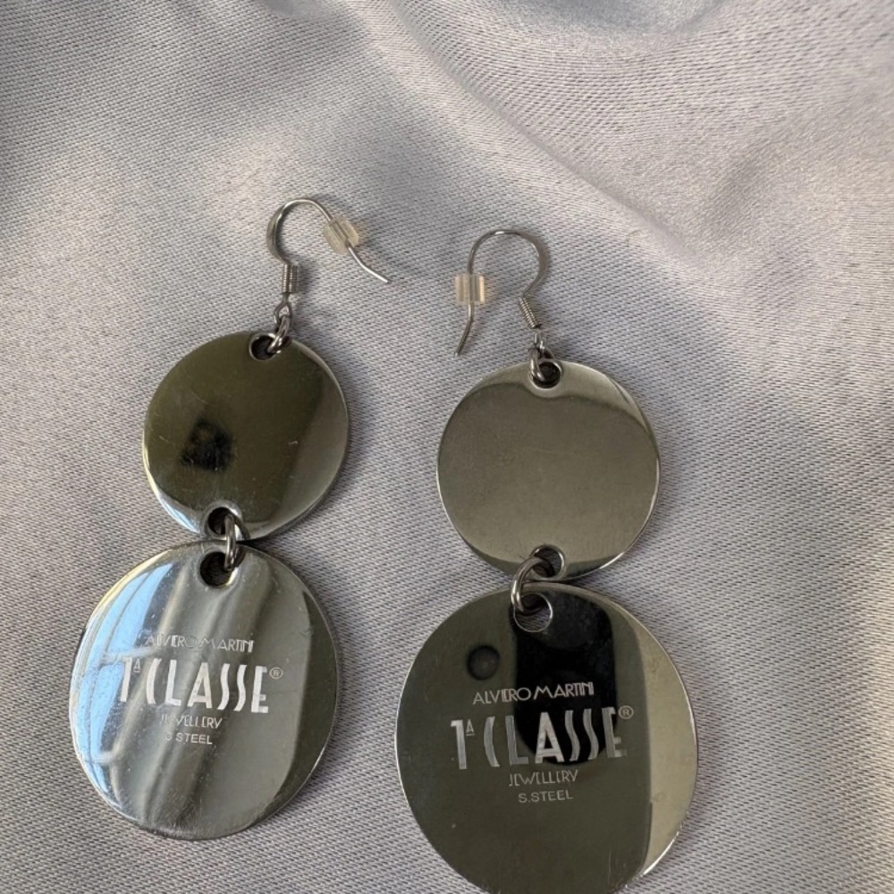 Alviero Martini Round Double-Drop Map Print Dangle Earrings - Brown & Silver! đź’Ą - Picture 7 of 7